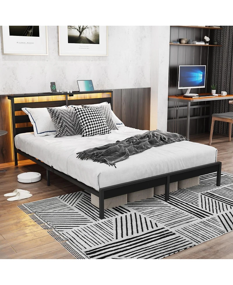 Streamdale Furniture Full Size Metal Platform Bed Frame w/ Usb, Led Lights, No Box Spring