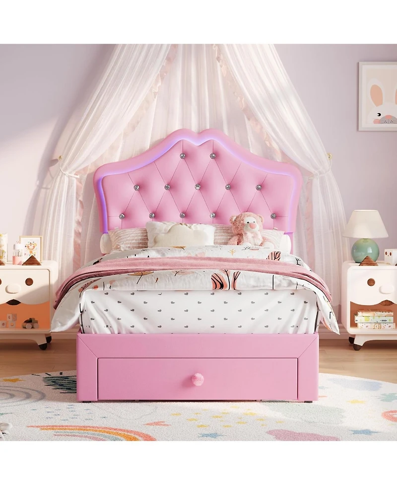 Gaomon Twin Upholstered Bed Frame with Led Headboard Lights & Storage Drawer, Noise Free, Platform for Kids and Teens