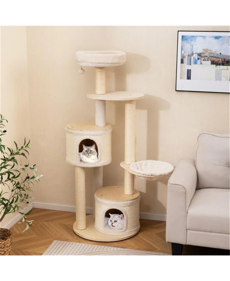 Aostirmotor 60"Tall Wooden Cat Tree with Scratching Posts & Condos