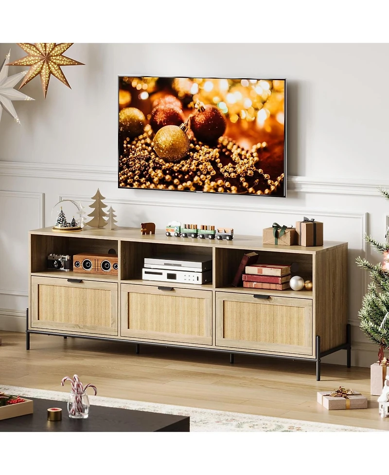 gaomon Rattan Tv Stand for 75" TVs, Modern Entertainment Center with 3 Drawers, Wood Console with Metal Legs, Oak