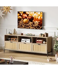 gaomon Rattan Tv Stand for 75" TVs, Modern Entertainment Center with 3 Drawers, Wood Console with Metal Legs, Oak