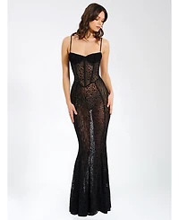 Miss Circle Women's Ulani Black Burnout Velvet Detail Mesh Maxi Dress