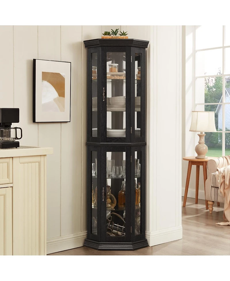Streamdale Furniture Streamdale Lighted Corner Curio Cabinet with Tempered Glass Doors & Adjustable Shelving - Black