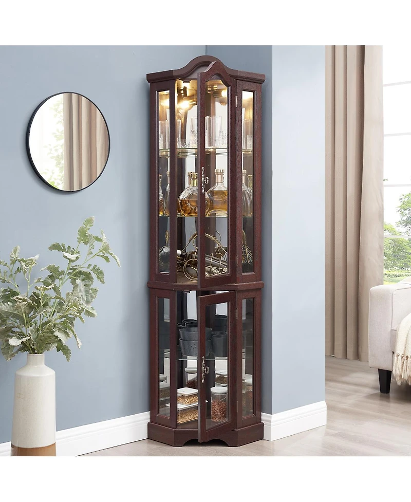 Streamdale Lighted Oak Curio Cabinet with Tempered Glass Doors & Shelves - Dark Cherry