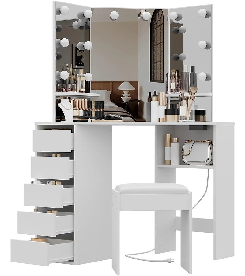 gaomon Corner Vanity and Stool, Corner Vanity Desk with Mirror and Lights, Corner Makeup Vanity with Power Outlet, 3 Color