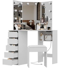 gaomon Corner Vanity and Stool, Corner Vanity Desk with Mirror and Lights, Corner Makeup Vanity with Power Outlet, 3 Color