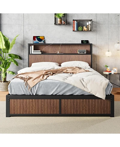 Streamdale Furniture Large Wooden Platform Bed Frame with Storage & Socket