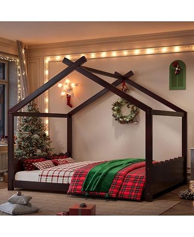 Streamdale Furniture Queen House Floor Bed with Slats, Solid Wood House Bed Frame for Kids