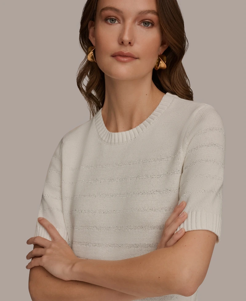 Donna Karan Weekend Women's Elbow-Sleeve Crew Neck Stripe Sequin Sweater