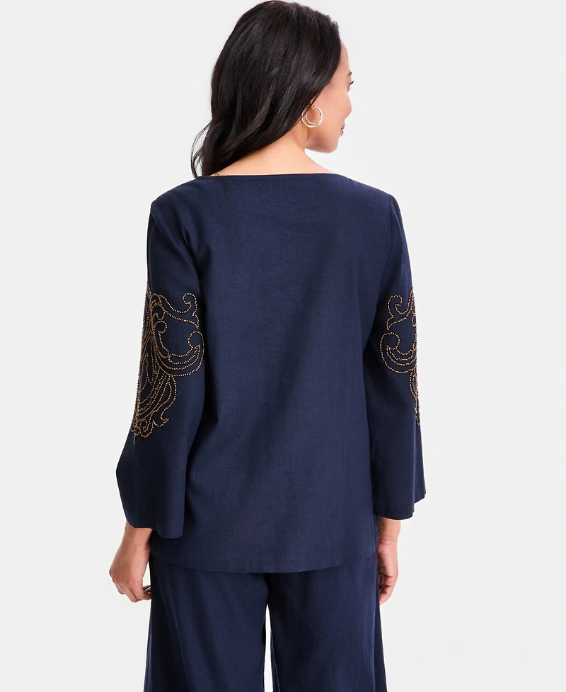 Jm Collection Women's Bead-Embellished Linen-Blend Top, Macy's Exclusive