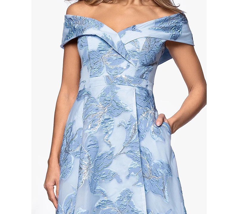 Xscape Women's Long Jacquard Printed Off-The-Shoulder Ball Gown