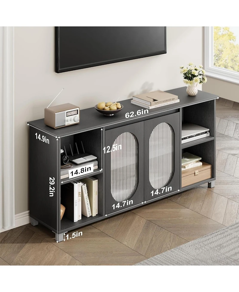 gaomon Modern Tv Stand for 70" Tv, Black Entertainment Center with Shelves and Glass Doors