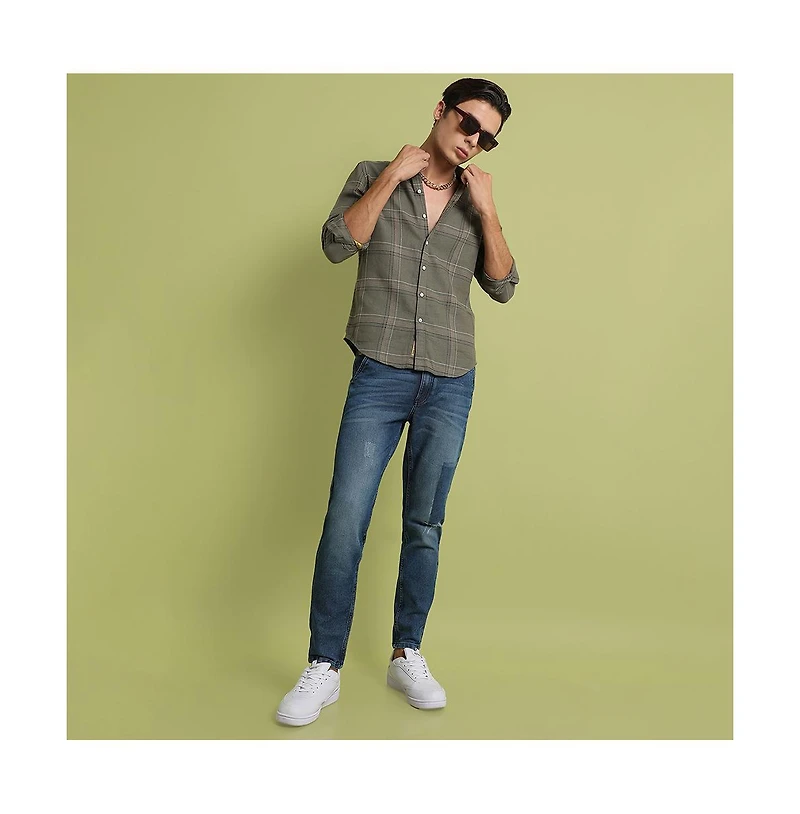 Campus Sutra Men's Olive Green Maxi Tartan Plaid Shirt