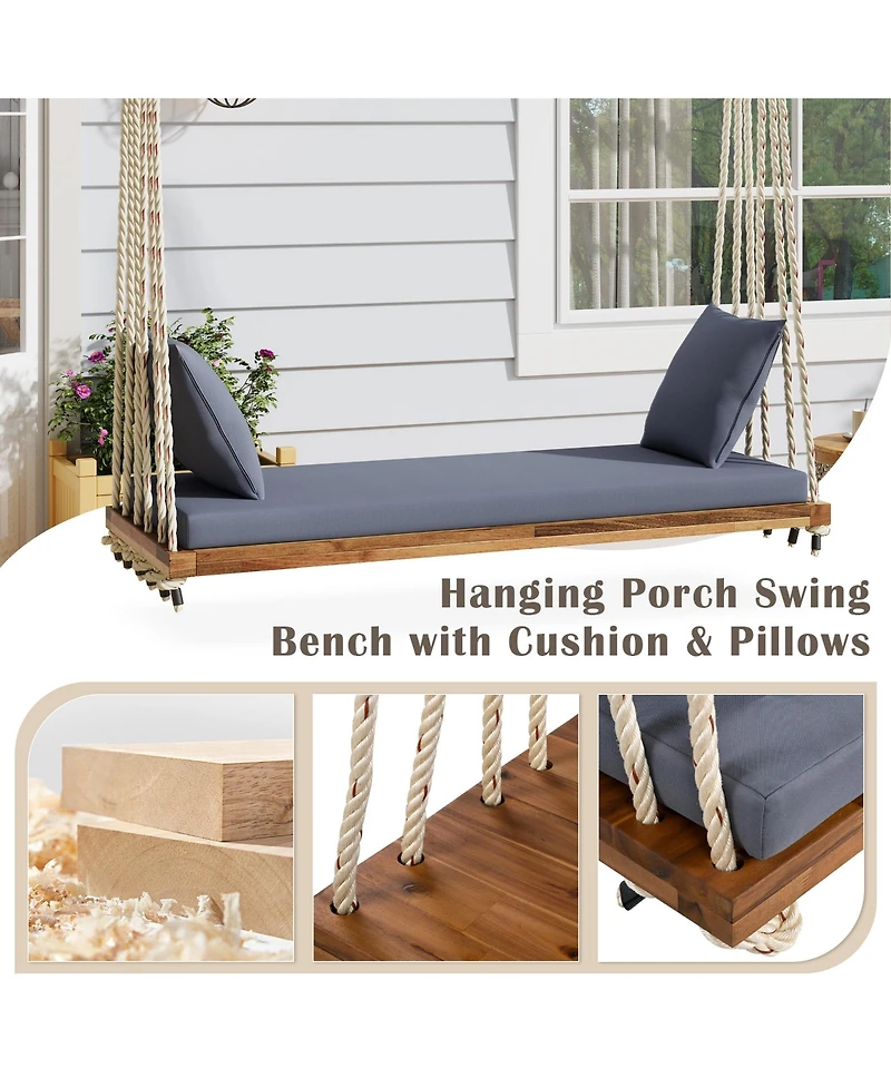 Flynama Patio Wooden Swing Chair, Hanging Porch Swing Bench with Cushion&Pillows, 10.8Ft Hemp Ropes for Garden,Backyard,Lawn