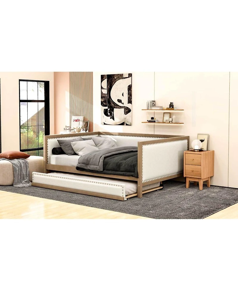 Streamdale Furniture Full Size Upholstered Daybed with Trundle and Nailhead Decoration