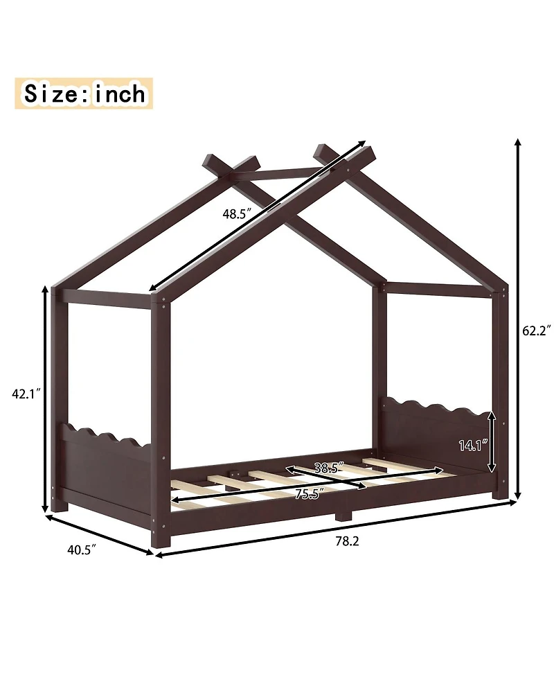 Streamdale Furniture Twin House Floor Bed with Slats, Solid Wood House Bed Frame for Kids
