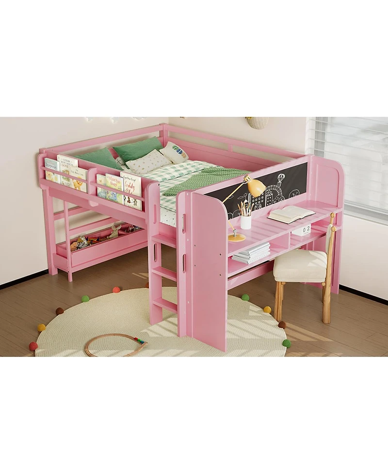 Streamdale Furniture Full Loft Bed with Multi-storage, Solid Wood Low Loft Bed with Desk