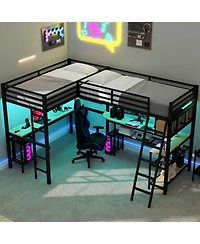 Streamdale Furniture Metal L-Shaped Loft Bed with Led, Storage, 2 Desks & Charging Stations