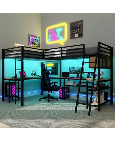 Streamdale Furniture Metal L-Shaped Loft Bed with Led, Storage, 2 Desks & Charging Stations