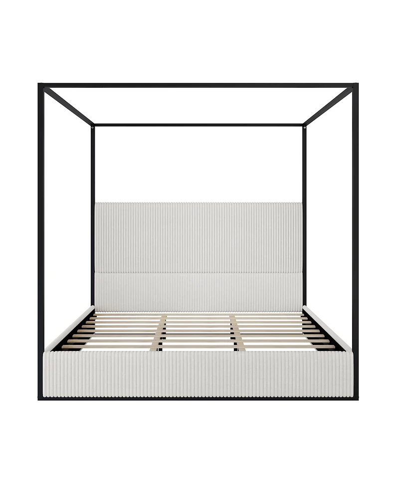 Streamdale Furniture Modern Luxury Metal Canopy Bed with Corduroy Headboard, King, White
