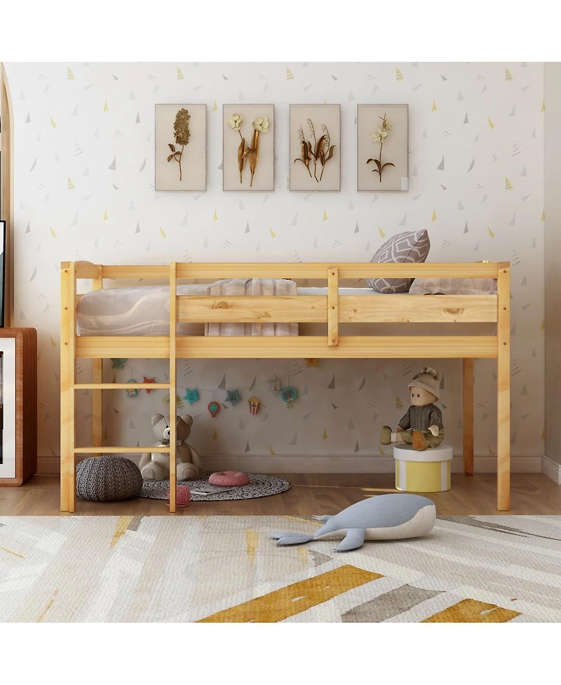 Streamdale Twin Wood Loft Bed Low Loft Beds with Ladder, Twin, Walnut