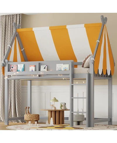 Streamdale Furniture Twin Loft Bed with Canopy, Led Lights & Book Shelf