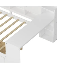 Streamdale Furniture Wooden L-Shape Daybed with 7 Cabinets, 2 Drawers, Desk & Bookshelf, White