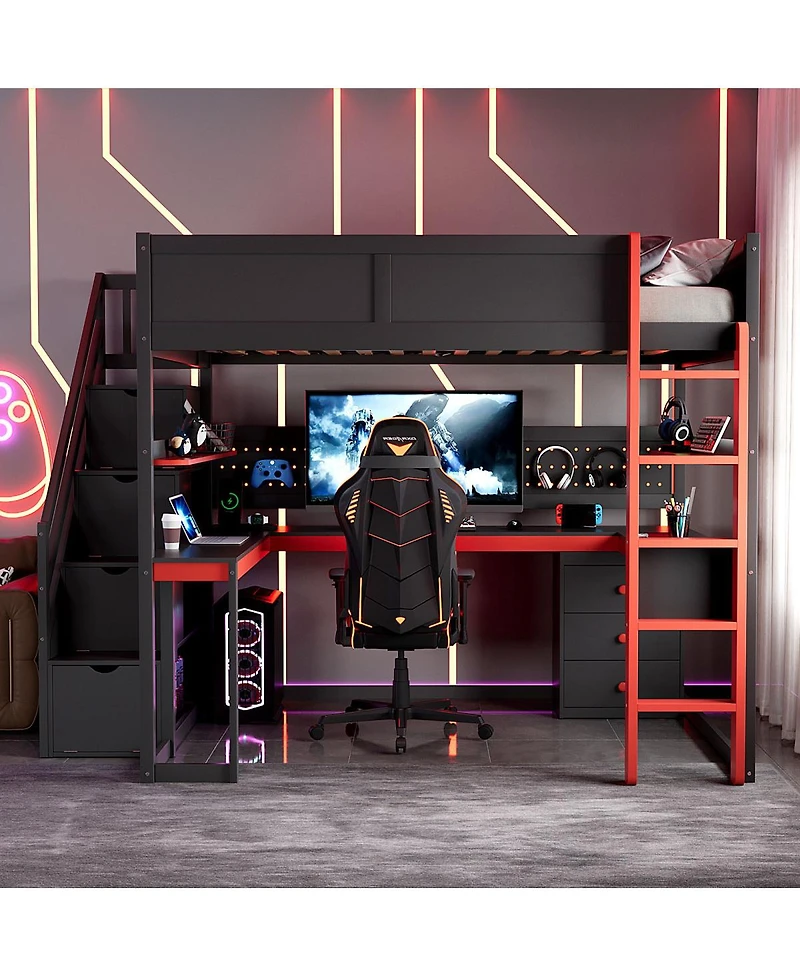 Streamdale Furniture Full Size Wooden Gaming Loft Bed with Storage Stairs, Desk, Shelves & Pegboard