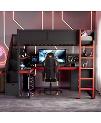 Streamdale Furniture Full Size Wooden Gaming Loft Bed with Storage Stairs, Desk, Shelves & Pegboard