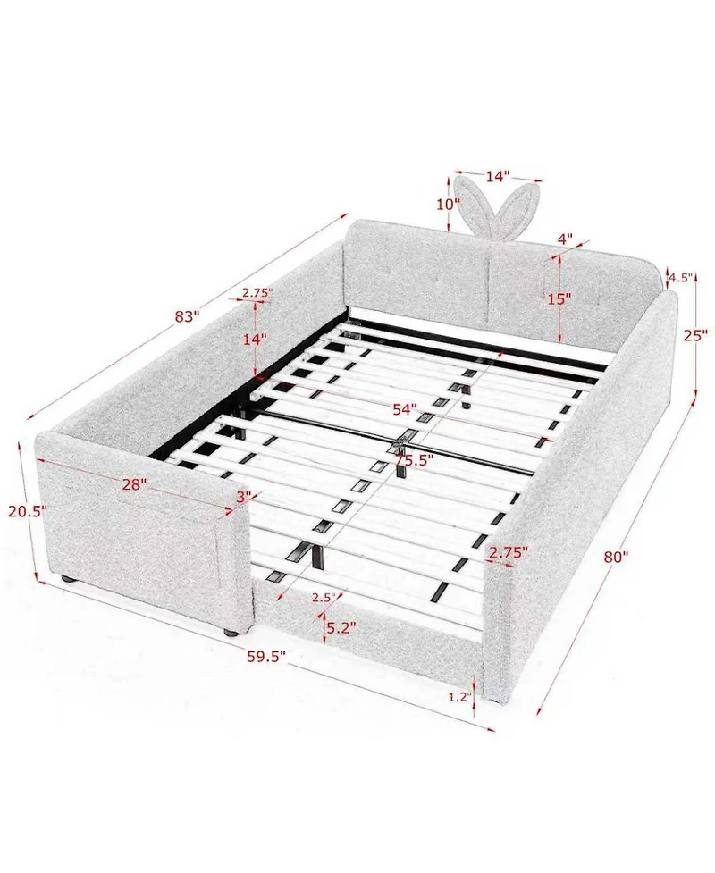 Streamdale Furniture Streamdale Cute Rabbit Ear Boucle Platform Bed with Safety Rail & Pocket, Beige