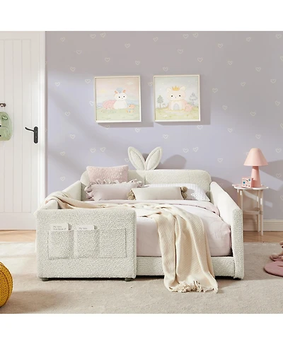 Streamdale Furniture Streamdale Cute Rabbit Ear Boucle Platform Bed with Safety Rail & Pocket, Beige