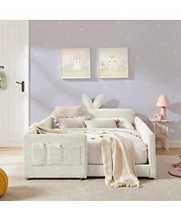 Streamdale Furniture Streamdale Cute Rabbit Ear Boucle Platform Bed with Safety Rail & Pocket, Beige