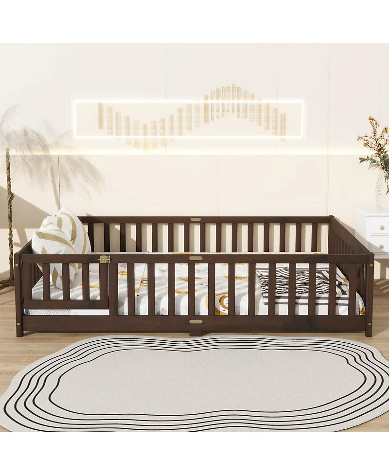 Streamdale Furniture Full Size Floor Bed with Fence, Door, and Safety Guardrails