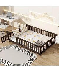 Streamdale Furniture Full Size Floor Bed with Fence, Door, and Safety Guardrails