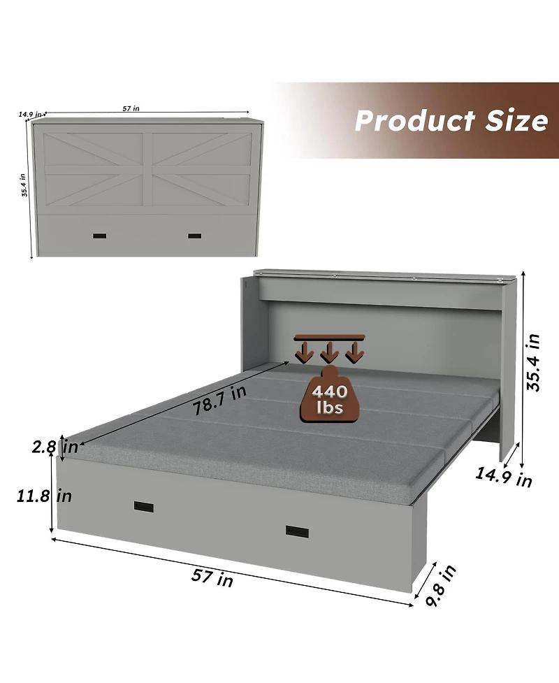 Streamdale Furniture 57" Murphy Bed with Storage, Charging Cabinet, Foldable Panels, Swivel Wheels, Gray