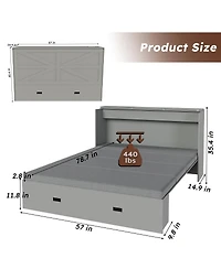 Streamdale Furniture 57" Murphy Bed with Storage, Charging Cabinet, Foldable Panels, Swivel Wheels, Gray