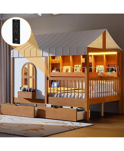 Streamdale Furniture Streamdale Full Size House Bed with 2 Large Drawers, Side Bookshelf with Led Strip, Walnut