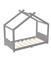 Streamdale Furniture Twin House Floor Bed with Slats, Solid Wood House Bed Frame for Kids, Gray