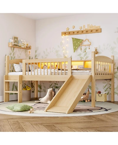 Streamdale Furniture Twin Xl Loft Bed with Storage Shelves, Led Lights, Guardrails, Natural