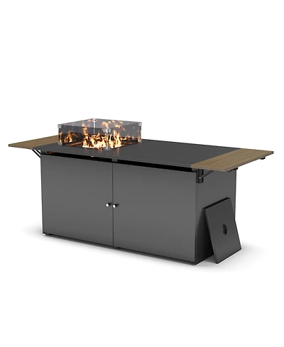 Decksplore Propane Fire Pit Table 64 Inch with Lid, 55, 000 Btu Gas Fire Pits for Outside Patio with Glass Wind Guard, Gray Glass Beads