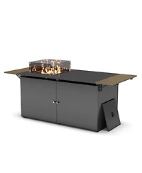Decksplore Propane Fire Pit Table 64 Inch with Lid, 55, 000 Btu Gas Fire Pits for Outside Patio with Glass Wind Guard, Gray Glass Beads