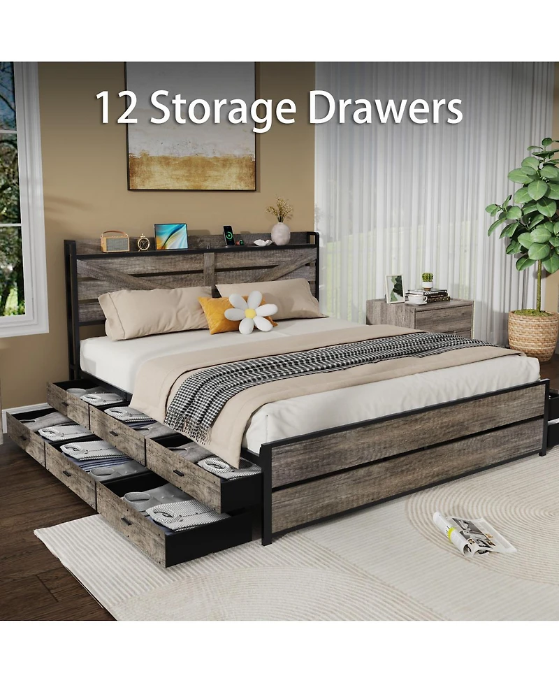 Streamdale Furniture King bed frame with storage headboard and 12 drawers, metal platform foundation