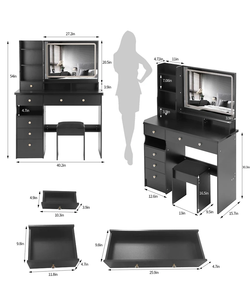 Streamdale Furniture 41" Led Mirror Vanity Table & Stool