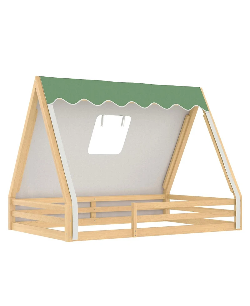 Streamdale Furniture Full Size House Floor Bed with Tent and Light, Solid Wood Teepee Design