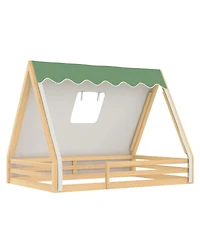 Streamdale Furniture Full Size House Floor Bed with Tent and Light, Solid Wood Teepee Design