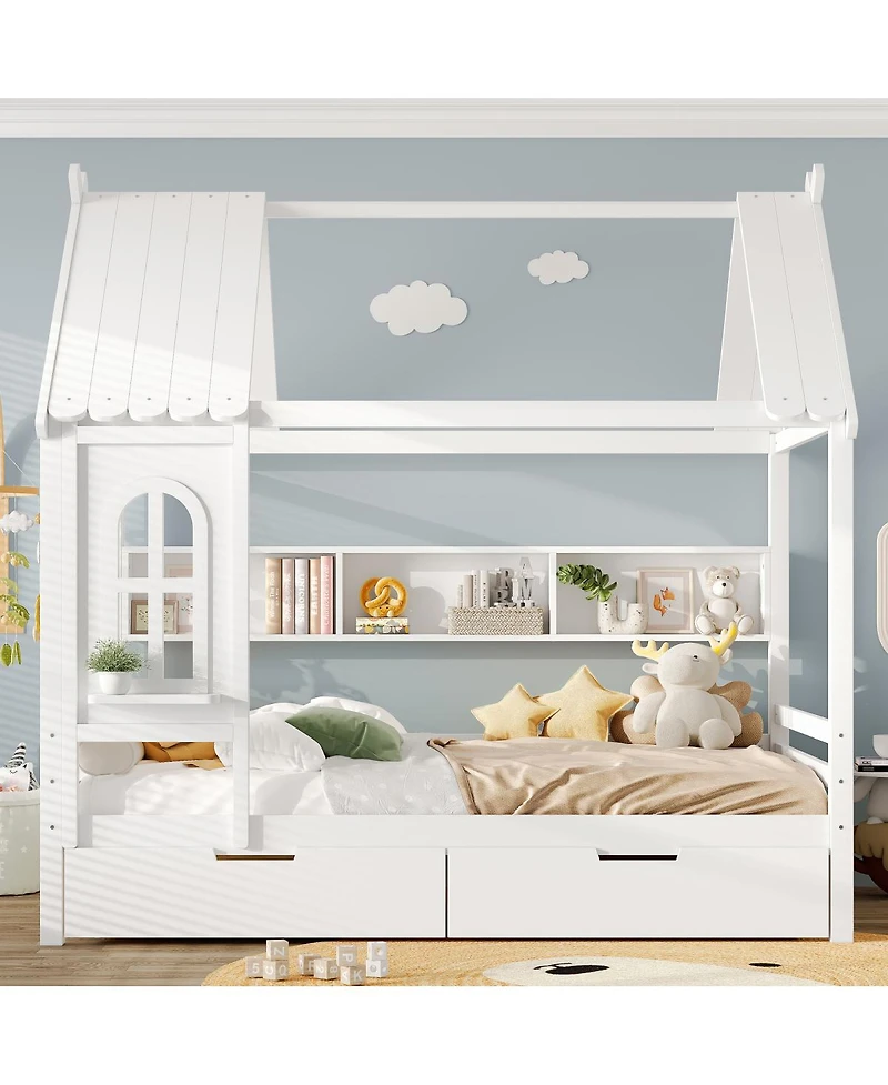 Streamdale Furniture Full House Beds with Storage Drawers and Window, Solid Wood House Platform Bed Frame, White