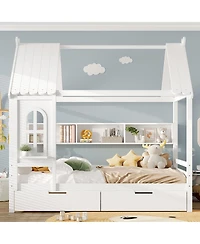 Streamdale Furniture Full House Beds with Storage Drawers and Window, Solid Wood House Platform Bed Frame, White