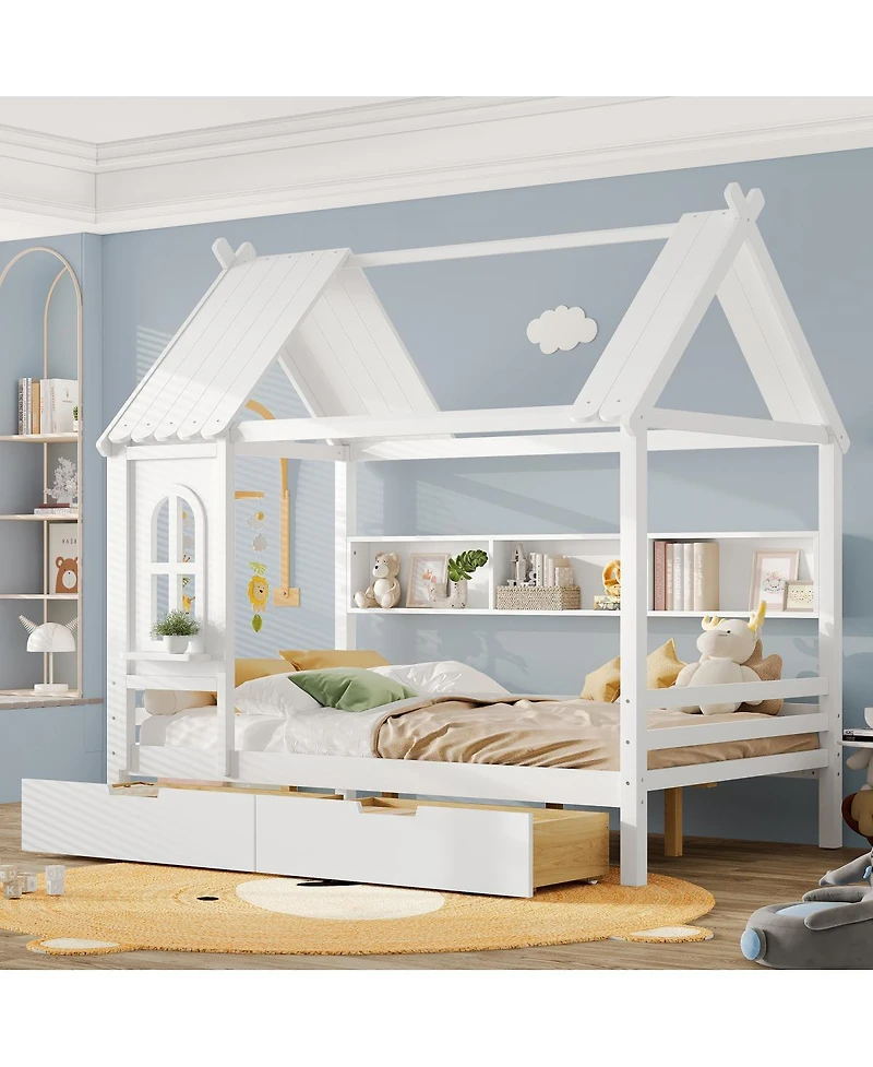 Streamdale Furniture Full House Beds with Storage Drawers and Window, Solid Wood House Platform Bed Frame, White