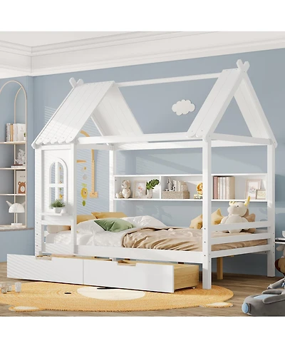 Streamdale Furniture Full House Beds with Storage Drawers and Window, Solid Wood House Platform Bed Frame, White