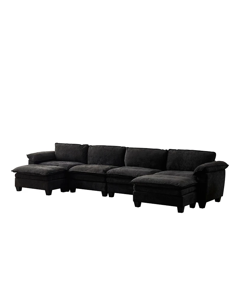 Streamdale Furniture Living Room U Shape Sofa with Two Ottomans - Black Chenille